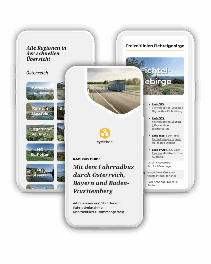 Drei Smartphone Ansichten des Radlbus Guide