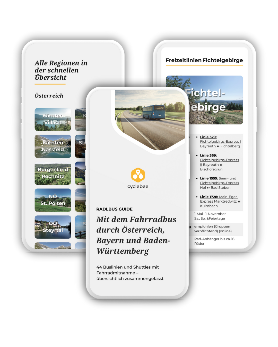 Drei Smartphone Ansichten des Radlbus Guide